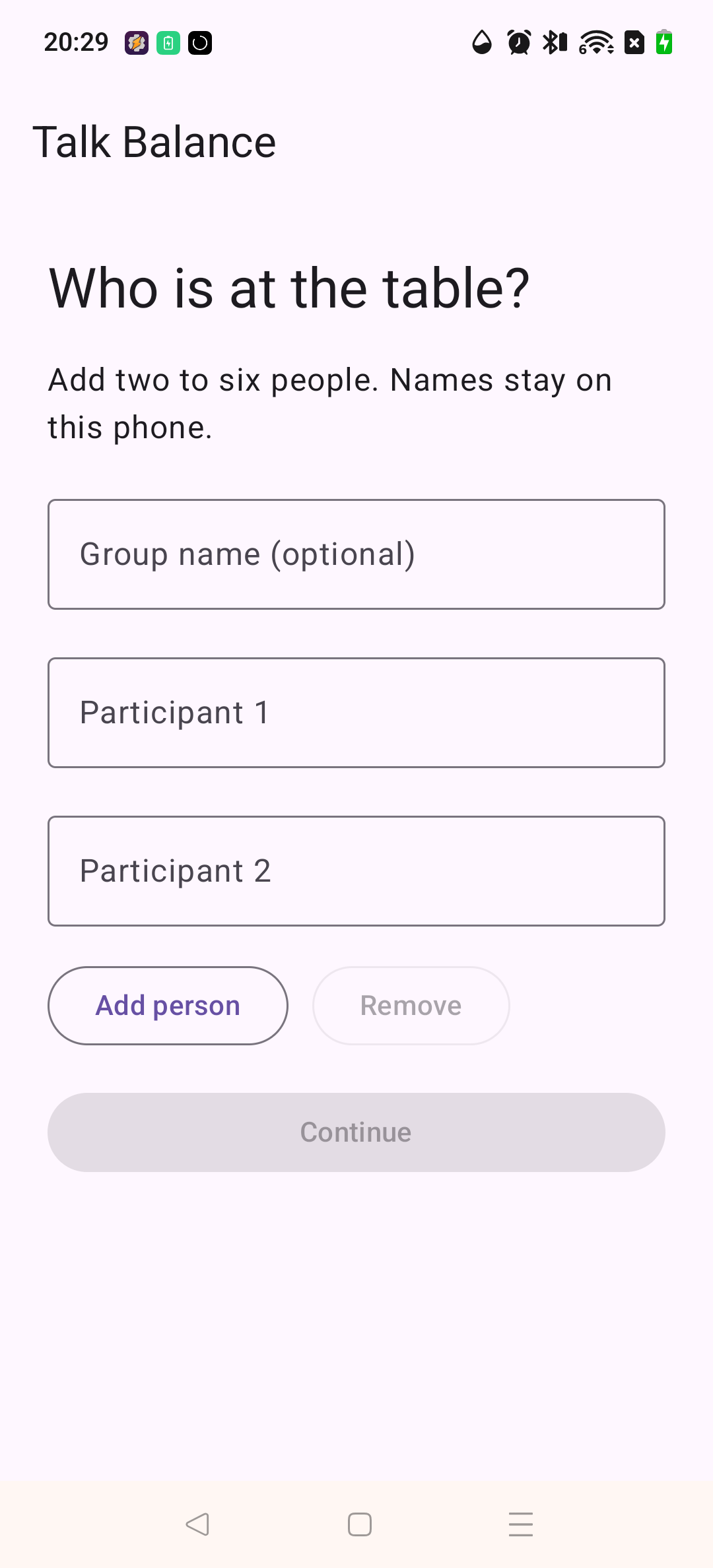 Talk Balance setup screen: Who is at the table?